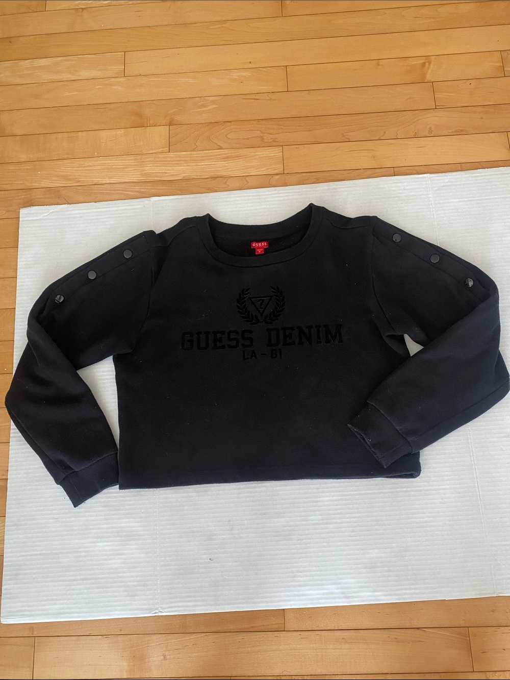 Guess Black Cropped Crewneck Sweatshirt with Sleeve Buttons Size Medium